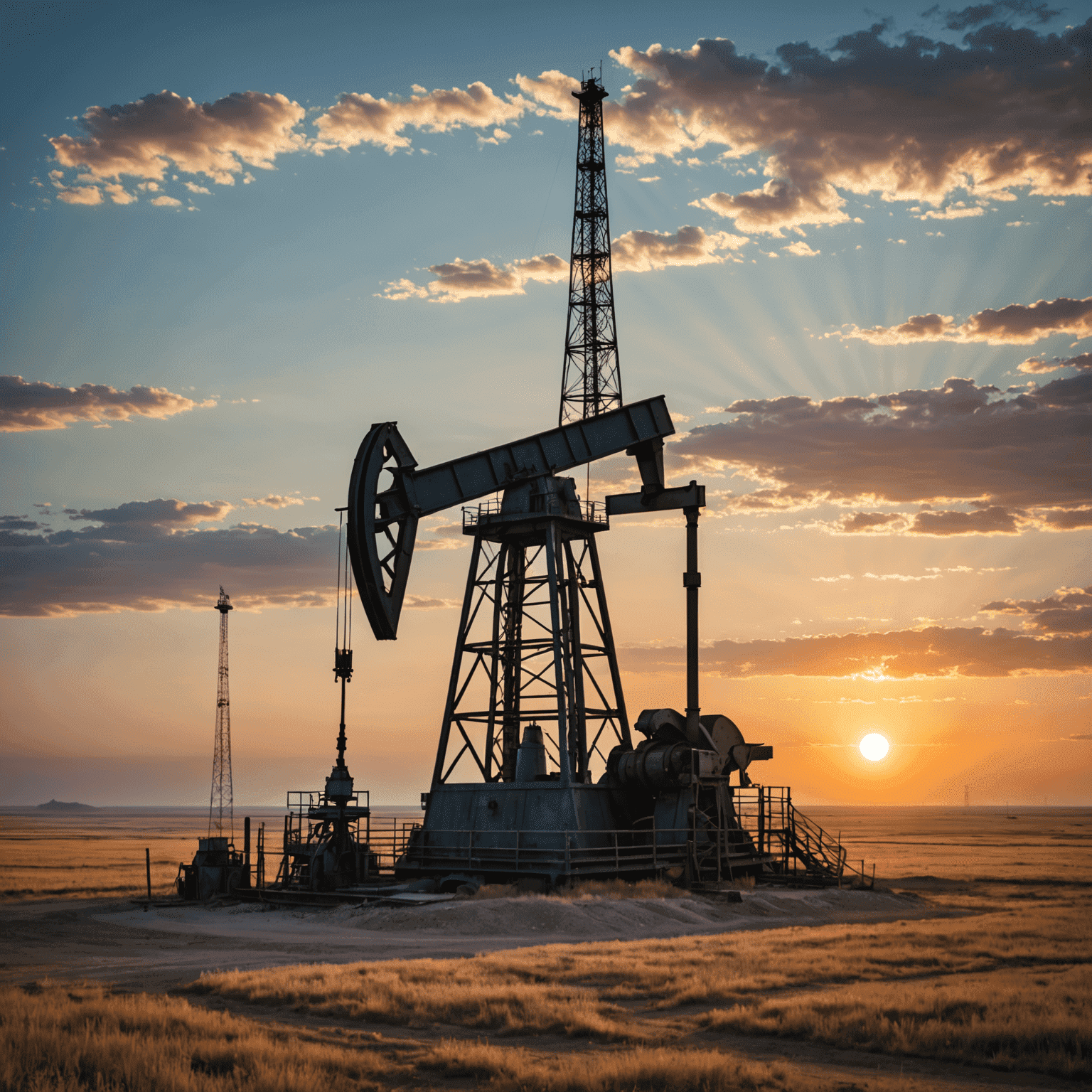 Нефтяная вышка на фоне заката в казахстанской степи, символизирующая инвестиции в энергетический сектор